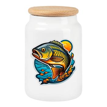 Blazing Koi on Wave and Sun - Cookie Jar with Wooden Lid - white - Front