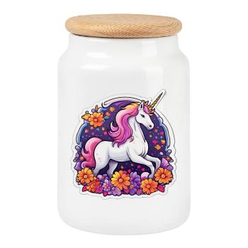 Licorne éclatante entourée de fleurs cosmos - Boîte à biscuits avec couvercle en bois - blanc - Devant