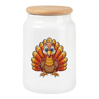 Cute sitting turkey - Cookie Jar with Wooden Lid - white - Front