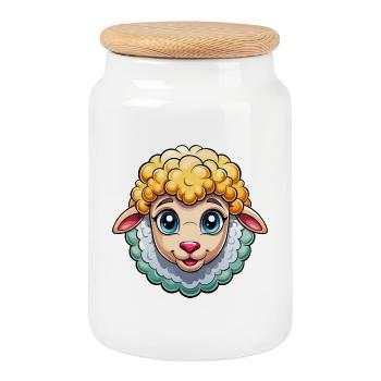 Cute sheep face - Cookie Jar with Wooden Lid - white - Front