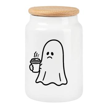 Ghost Coffee Halloween Trick or Treat - Cookie Jar with Wooden Lid - white - Front