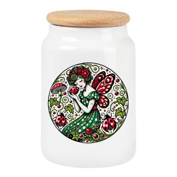 Fée fantaisiste en robe verte en polka - Boîte à biscuits avec couvercle en bois - blanc - Devant