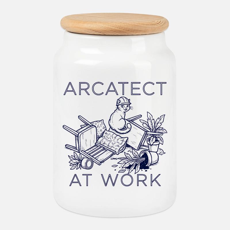 Arbeiterkatze am Werk - Keksdose mit Holzdeckel - Weiß