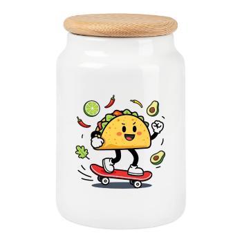 Taco Skate Pop Kawaii - Boîte à biscuits avec couvercle en bois - blanc - Devant