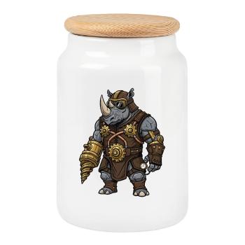 Rhinoceros Steampunk Drill Mechanic Armor - Cookie Jar with Wooden Lid - white - Front