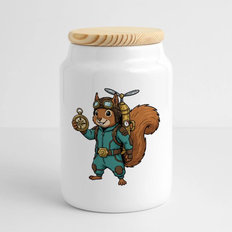 Squirrel Steampunk Aviator Jetpack Compass Cookie Jar with Wooden Lid