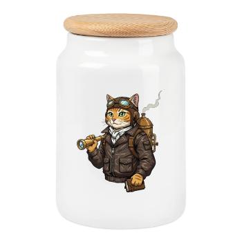 Cat Aviator Steampunk Explorer Kuriosität - Keksdose mit Holzdeckel - Weiß - Vorne