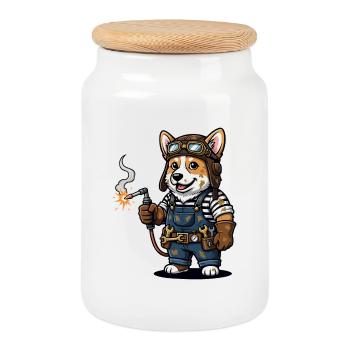 Corgi Schweißer Steampunk Industriemechaniker - Keksdose mit Holzdeckel - Weiß - Vorne