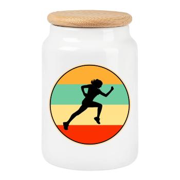 Weibliche Läuferin Retro-Silhouette Vintage-Sonnenuntergangskunst - Keksdose mit Holzdeckel - Weiß - Vorne