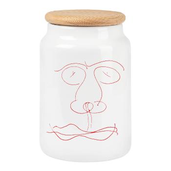 Red Abstract Face Line - Cookie Jar with Wooden Lid - white - Front