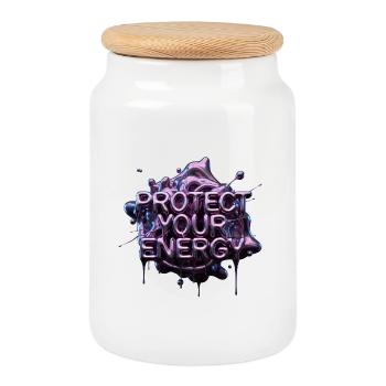 Protect Your Energy 3D Font - Cookie Jar with Wooden Lid - white - Front