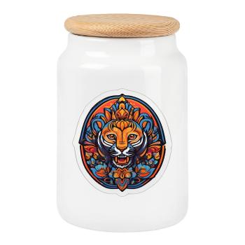 Tiger Bunte Mandala - Keksdose mit Holzdeckel - Weiß - Vorne