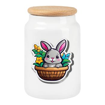Spring Rabbit in Flower Basket - Cookie Jar with Wooden Lid - white - Front