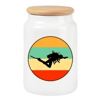 Retro Scuba Diver Silhouette Vintage Sunset - Cookie Jar with Wooden Lid - white - Front