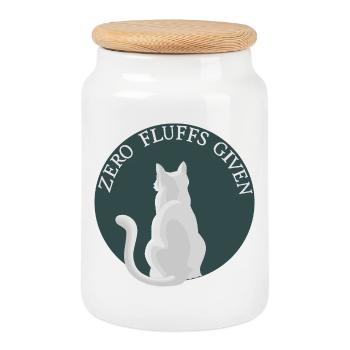 Zero Fluffs Given – Cat from behind with attitude - Cookie Jar with Wooden Lid - white - Front