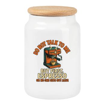 Espresso Motiv Erst Kaffee Dann Gespräche - Keksdose mit Holzdeckel - Weiß - Vorne