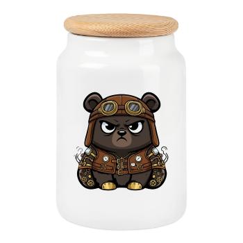 Bear Mechanic Steampunk Vest Gears - Cookie Jar with Wooden Lid - white - Front