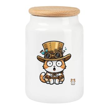 Cat Explorer Steampunk Zylinder-Brille - Keksdose mit Holzdeckel - Weiß - Vorne