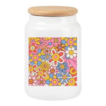 Retro Flower Power Pattern – 70s Hippie Floral - Cookie Jar with Wooden Lid - white - Front