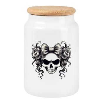 Skull with bow and roses - Cookie Jar with Wooden Lid - white - Front