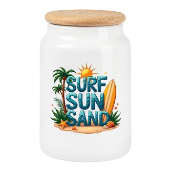 Surfing Sun Sand Beach Design - Cookie Jar with Wooden Lid - white - Front
