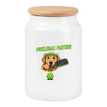 Pickleball Dog Golden Retriever - Cookie Jar with Wooden Lid - white - Front