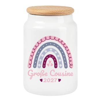 Große Cousine 2027 Boho Regenbogen pastell - Keksdose mit Holzdeckel - Weiß - Vorne