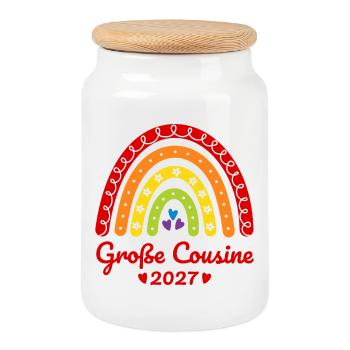 Große Cousine 2027 Boho Regenbogen bunt - Keksdose mit Holzdeckel - Weiß - Vorne
