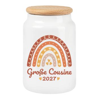 Große Cousine 2027 Boho Regenbogen - Keksdose mit Holzdeckel - Weiß - Vorne