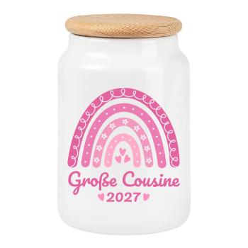 Große Cousine 2027 Boho Regenbogen rosa - Keksdose mit Holzdeckel - Weiß - Vorne