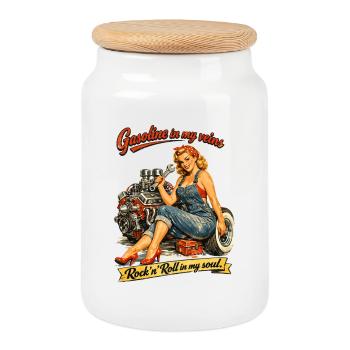Retro Pin-up Hot Rod: Gasoline & Rock n Roll Soul - Cookie Jar with Wooden Lid - white - Front