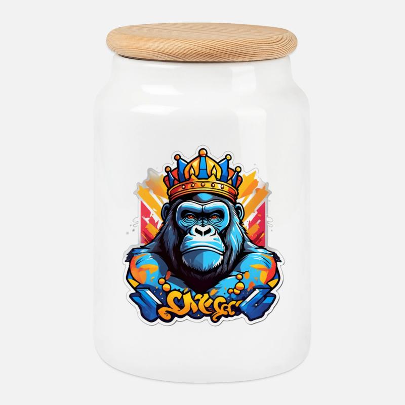 Gorille bleu couronné graffiti - Boîte à biscuits avec couvercle en bois - blanc