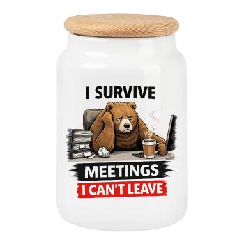 Survive Meetings Bear Desk Coffee - Cookie Jar with Wooden Lid - white - Front