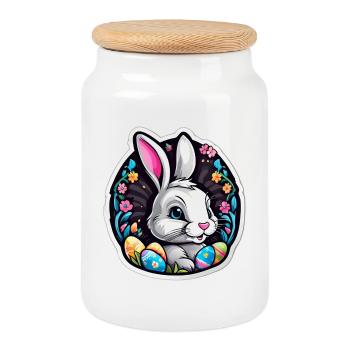 Spring rabbit and colorful eggs - Cookie Jar with Wooden Lid - white - Front
