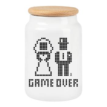 Game Over (Mariage, enterrement de vie de garçon, jeunes mariés, Pixel / B) - Boîte à biscuits avec couvercle en bois - blanc - Devant