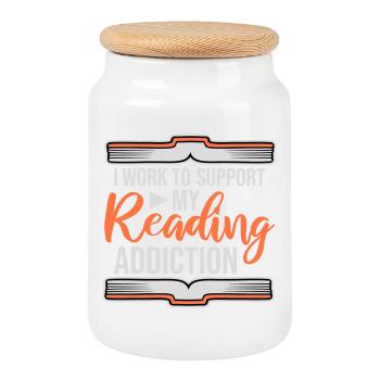 I Work To Support My Reading Addiction Books Logo - Cookie Jar with Wooden Lid - white - Front