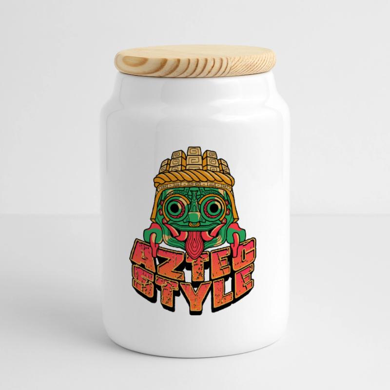Aztec Style Cookie Jar with Wooden Lid