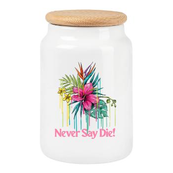 T-shirt Never Say Die | T-shirt de motivation - Boîte à biscuits avec couvercle en bois - blanc - Devant