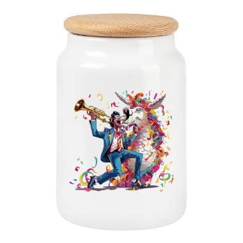 Trompettiste et Licorne Arc-en-ciel - Boîte à biscuits avec couvercle en bois - blanc - Devant