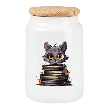 Des chatons sur des piles de livres - Boîte à biscuits avec couvercle en bois - blanc - Devant