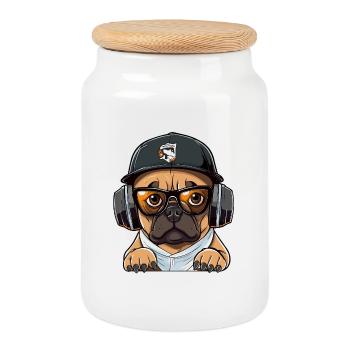 DJ chien avec casque - Boîte à biscuits avec couvercle en bois - blanc - Devant