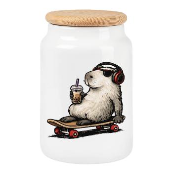 Capybara Skateboard Bubble Tea - Keksdose mit Holzdeckel - Weiß - Vorne