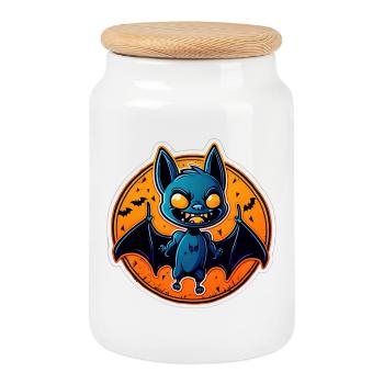 Blue Bat Halloween - Cookie Jar with Wooden Lid - white - Front