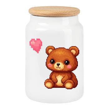 Pixel bear avec ballon en forme de cœur - Boîte à biscuits avec couvercle en bois - blanc - Devant