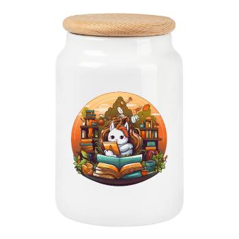 Reading magic in the library forest - Cookie Jar with Wooden Lid - white - Front