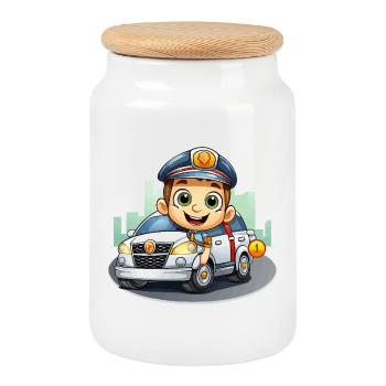 Petit policier en voiture d’aventure - Boîte à biscuits avec couvercle en bois - blanc - Devant