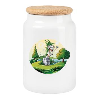 Dino Golf Duo on a green meadow - Cookie Jar with Wooden Lid - white - Front