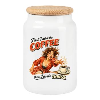 Retro Pin-Up : D’abord je bois le café - Boîte à biscuits avec couvercle en bois - blanc - Devant