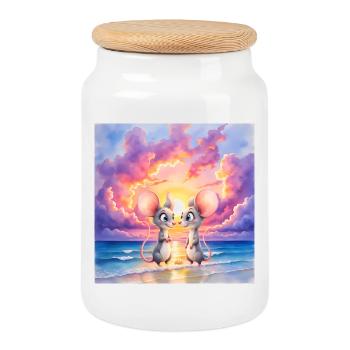 Petites souris au coucher du soleil sur la plage - Boîte à biscuits avec couvercle en bois - blanc - Devant