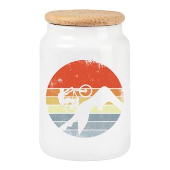 Vintage Mountain Biker Drawing - Cookie Jar with Wooden Lid - white - Front